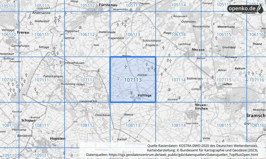 Übersichtskarte des KOSTRA-DWD-2020-Rasterfeldes Nr. 107113