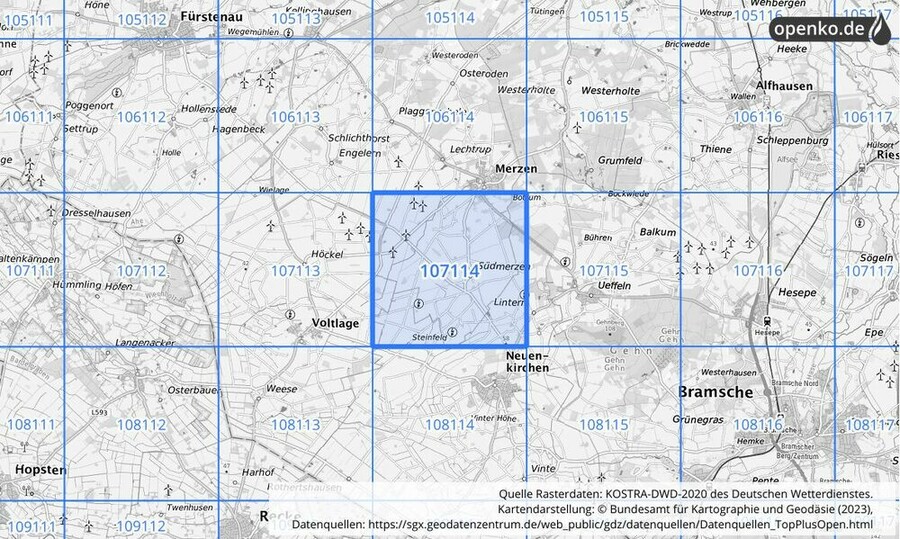 Übersichtskarte des KOSTRA-DWD-2020-Rasterfeldes Nr. 107114