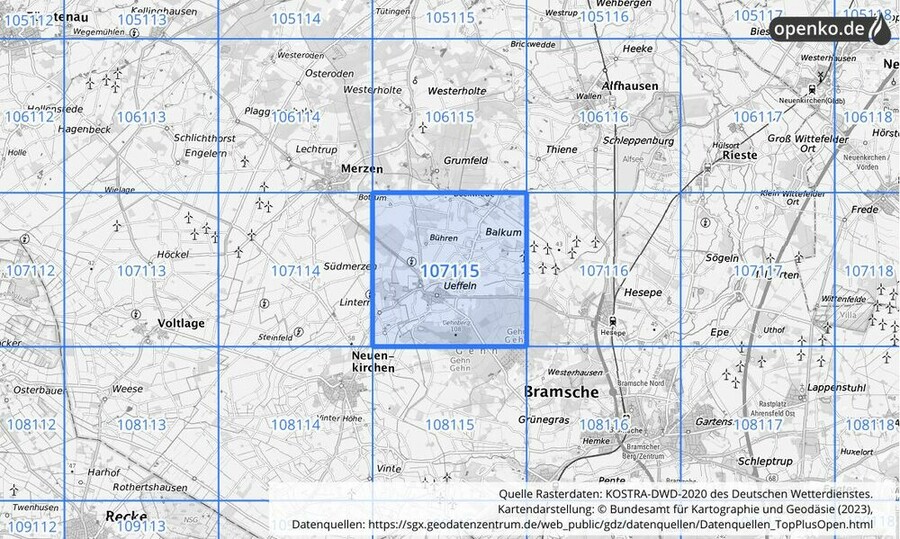 Übersichtskarte des KOSTRA-DWD-2020-Rasterfeldes Nr. 107115