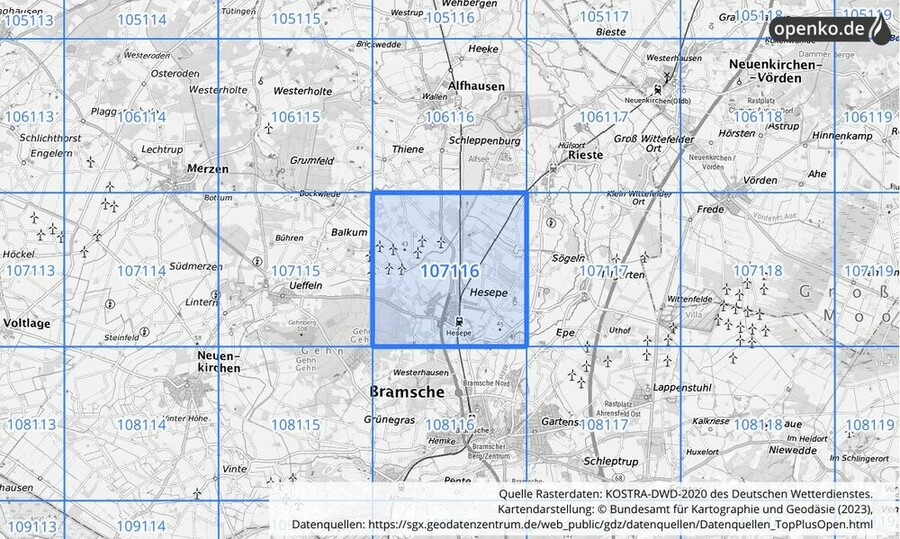 Übersichtskarte des KOSTRA-DWD-2020-Rasterfeldes Nr. 107116