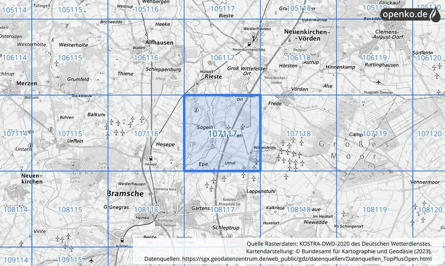 Übersichtskarte des KOSTRA-DWD-2020-Rasterfeldes Nr. 107117