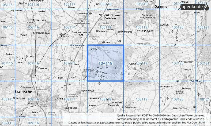 Übersichtskarte des KOSTRA-DWD-2020-Rasterfeldes Nr. 107118