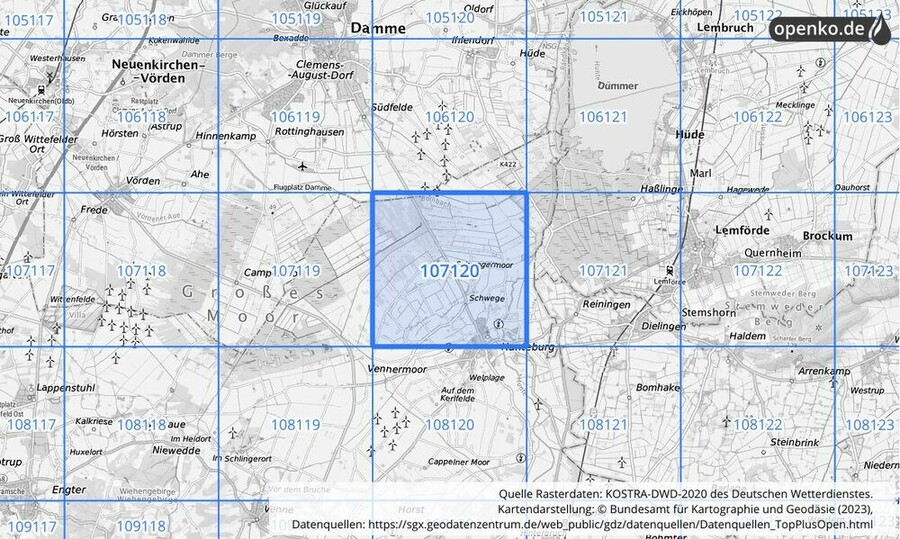 Übersichtskarte des KOSTRA-DWD-2020-Rasterfeldes Nr. 107120