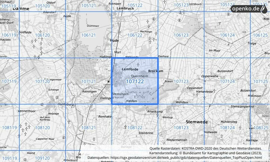 Übersichtskarte des KOSTRA-DWD-2020-Rasterfeldes Nr. 107122