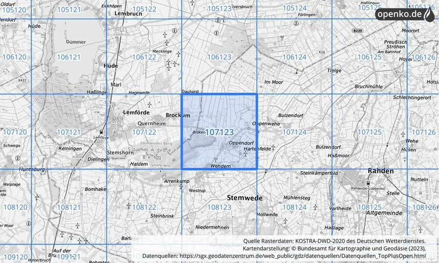 Übersichtskarte des KOSTRA-DWD-2020-Rasterfeldes Nr. 107123