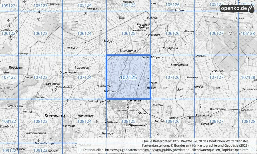 Übersichtskarte des KOSTRA-DWD-2020-Rasterfeldes Nr. 107125