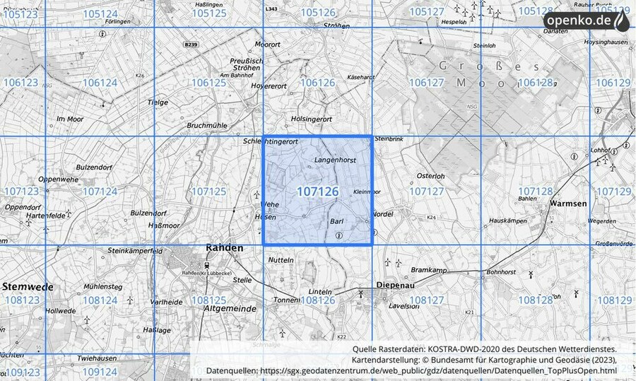 Übersichtskarte des KOSTRA-DWD-2020-Rasterfeldes Nr. 107126