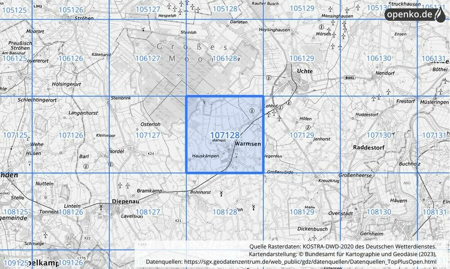 Übersichtskarte des KOSTRA-DWD-2020-Rasterfeldes Nr. 107128