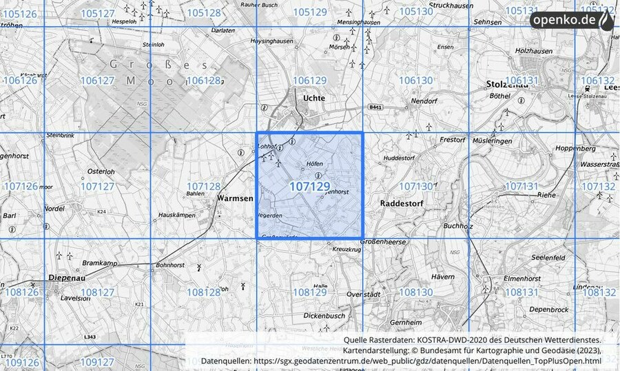 Übersichtskarte des KOSTRA-DWD-2020-Rasterfeldes Nr. 107129