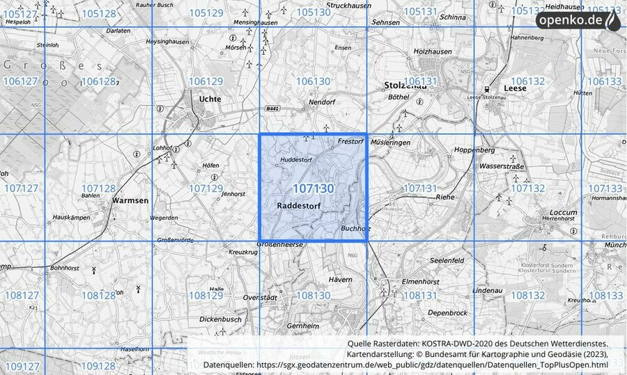 Übersichtskarte des KOSTRA-DWD-2020-Rasterfeldes Nr. 107130