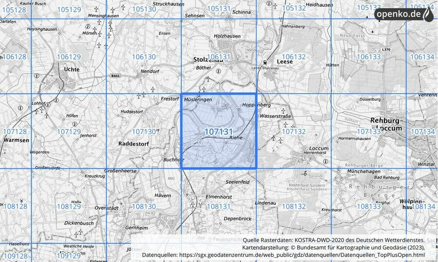 Übersichtskarte des KOSTRA-DWD-2020-Rasterfeldes Nr. 107131