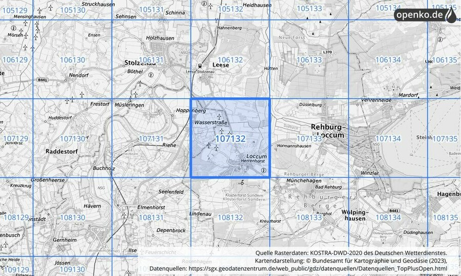 Übersichtskarte des KOSTRA-DWD-2020-Rasterfeldes Nr. 107132