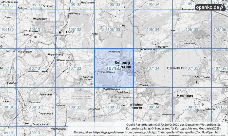 Übersichtskarte des KOSTRA-DWD-2020-Rasterfeldes Nr. 107133