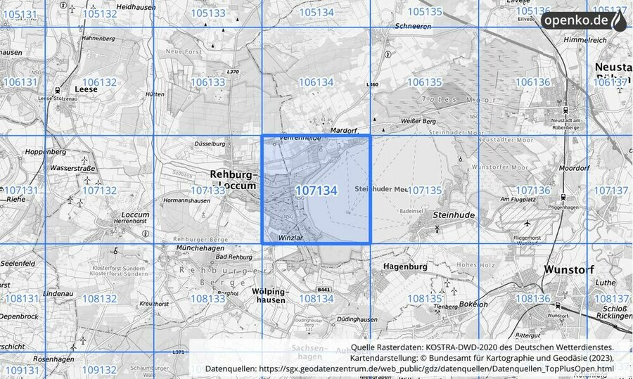 Übersichtskarte des KOSTRA-DWD-2020-Rasterfeldes Nr. 107134