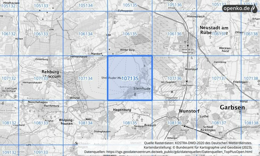 Übersichtskarte des KOSTRA-DWD-2020-Rasterfeldes Nr. 107135