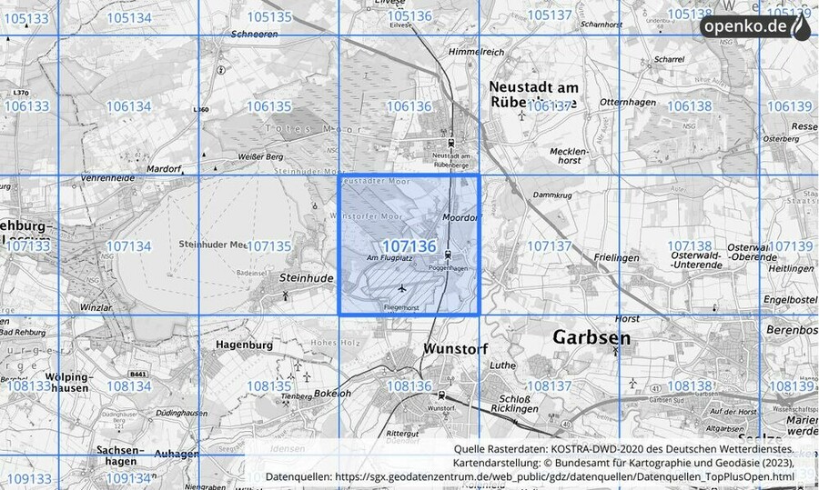 Übersichtskarte des KOSTRA-DWD-2020-Rasterfeldes Nr. 107136