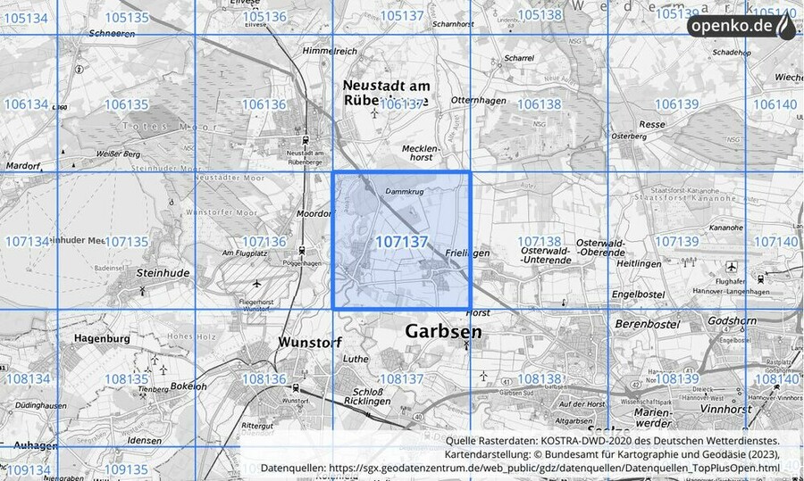 Übersichtskarte des KOSTRA-DWD-2020-Rasterfeldes Nr. 107137