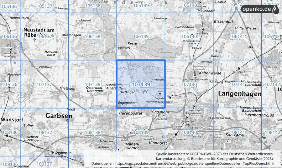 Übersichtskarte des KOSTRA-DWD-2020-Rasterfeldes Nr. 107139