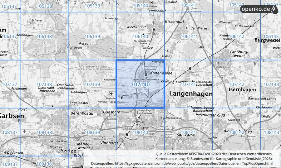 Übersichtskarte des KOSTRA-DWD-2020-Rasterfeldes Nr. 107140