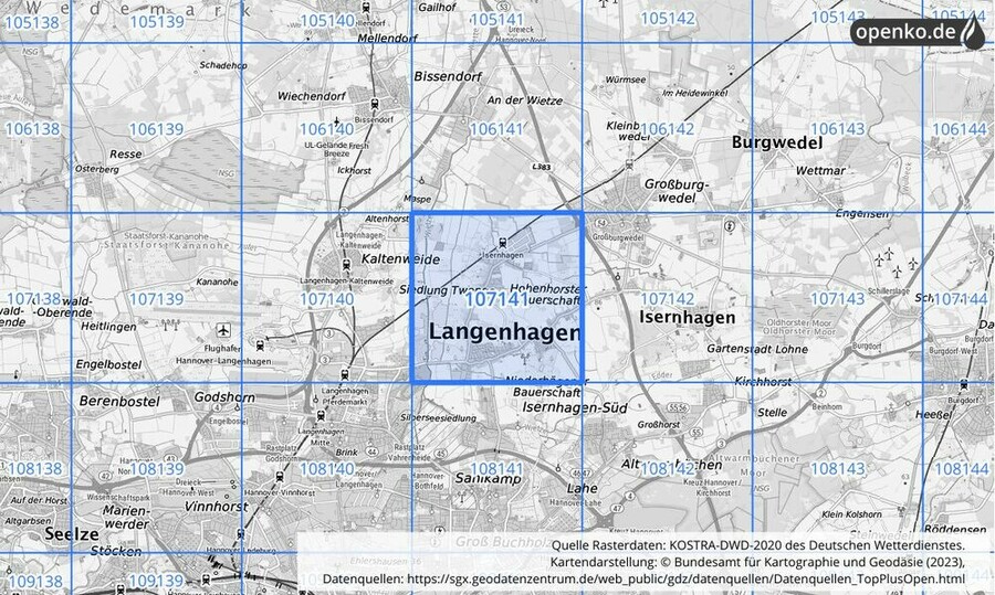 Übersichtskarte des KOSTRA-DWD-2020-Rasterfeldes Nr. 107141