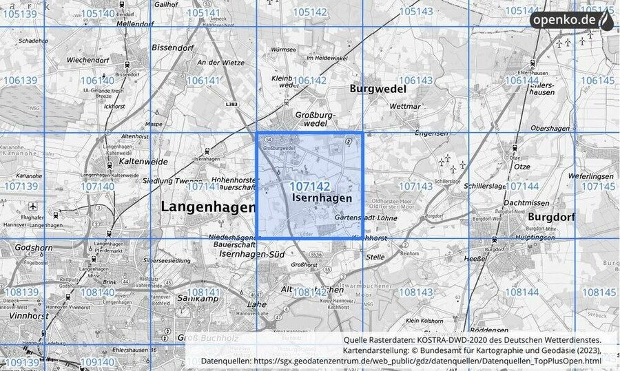 Übersichtskarte des KOSTRA-DWD-2020-Rasterfeldes Nr. 107142