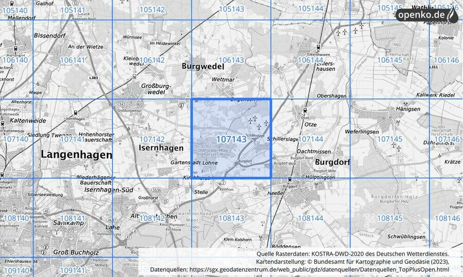 Übersichtskarte des KOSTRA-DWD-2020-Rasterfeldes Nr. 107143