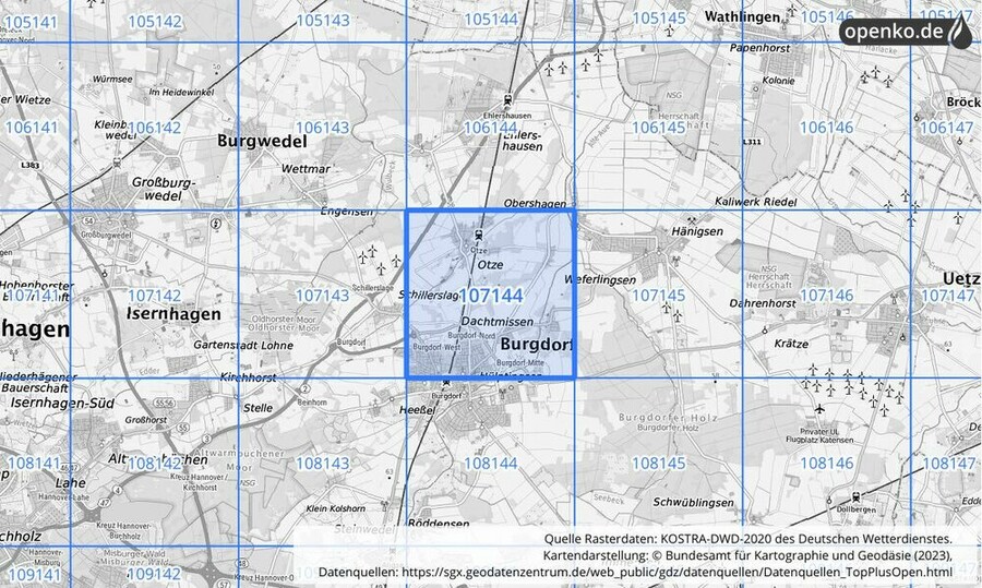 Übersichtskarte des KOSTRA-DWD-2020-Rasterfeldes Nr. 107144