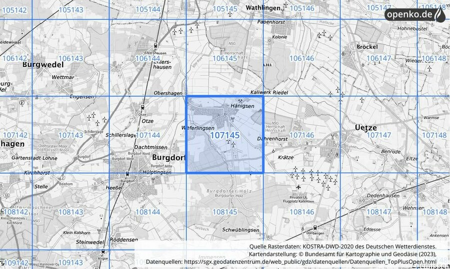 Übersichtskarte des KOSTRA-DWD-2020-Rasterfeldes Nr. 107145