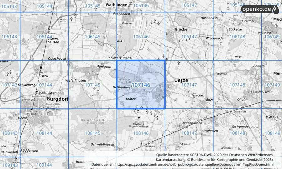 Übersichtskarte des KOSTRA-DWD-2020-Rasterfeldes Nr. 107146