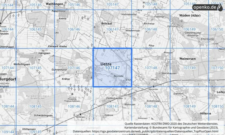 Übersichtskarte des KOSTRA-DWD-2020-Rasterfeldes Nr. 107147