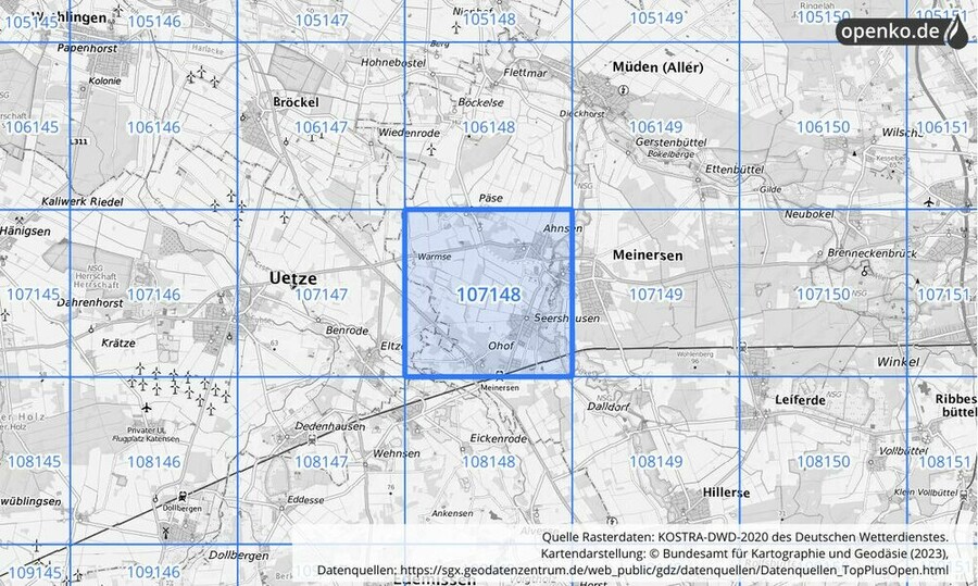 Übersichtskarte des KOSTRA-DWD-2020-Rasterfeldes Nr. 107148