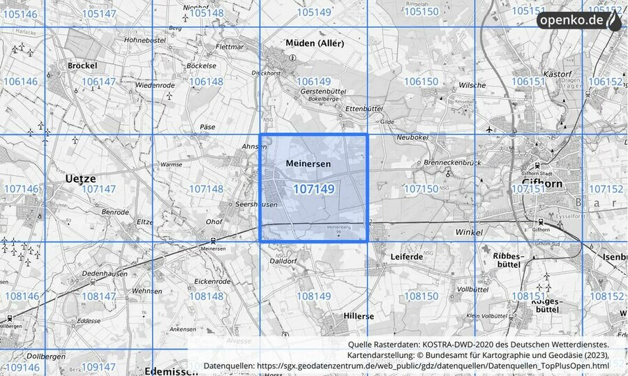 Übersichtskarte des KOSTRA-DWD-2020-Rasterfeldes Nr. 107149