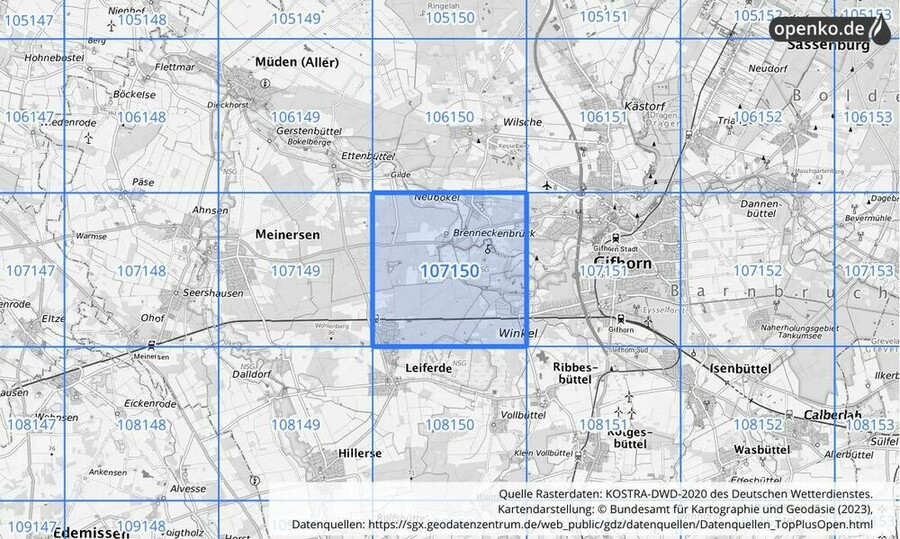 Übersichtskarte des KOSTRA-DWD-2020-Rasterfeldes Nr. 107150