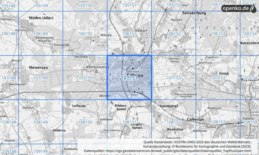 Übersichtskarte des KOSTRA-DWD-2020-Rasterfeldes Nr. 107151