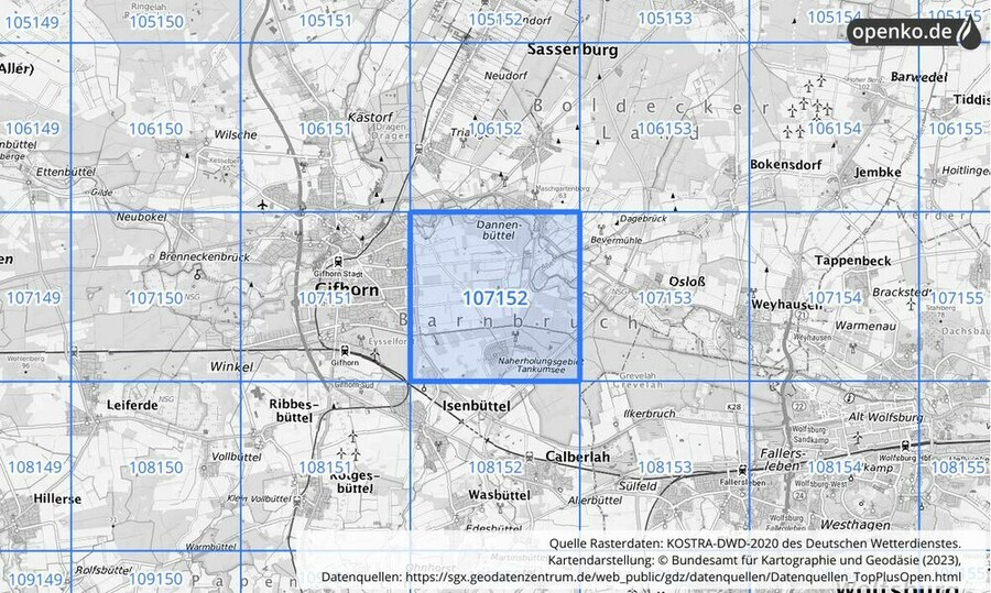 Übersichtskarte des KOSTRA-DWD-2020-Rasterfeldes Nr. 107152