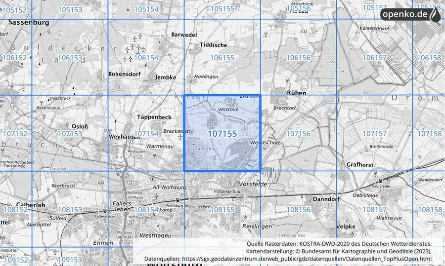 Übersichtskarte des KOSTRA-DWD-2020-Rasterfeldes Nr. 107155