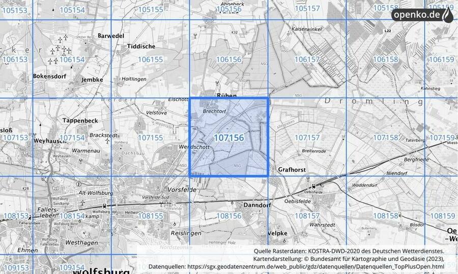 Übersichtskarte des KOSTRA-DWD-2020-Rasterfeldes Nr. 107156