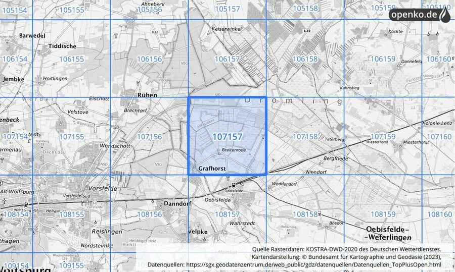 Übersichtskarte des KOSTRA-DWD-2020-Rasterfeldes Nr. 107157