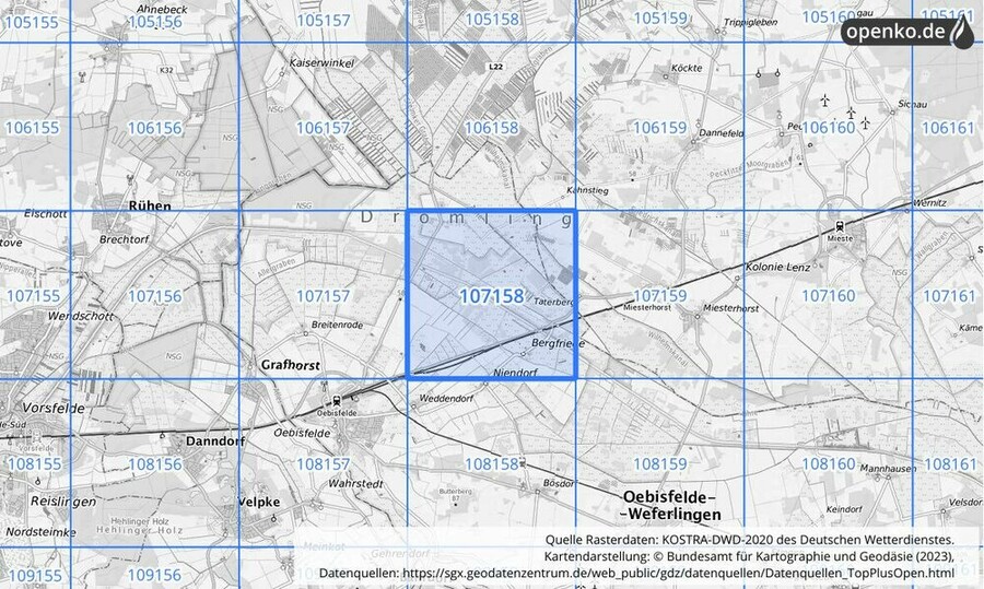 Übersichtskarte des KOSTRA-DWD-2020-Rasterfeldes Nr. 107158