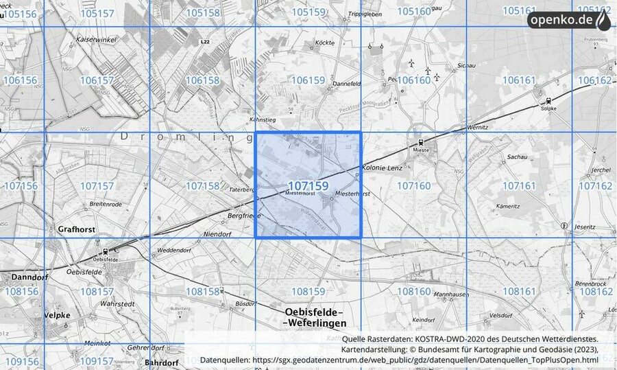 Übersichtskarte des KOSTRA-DWD-2020-Rasterfeldes Nr. 107159