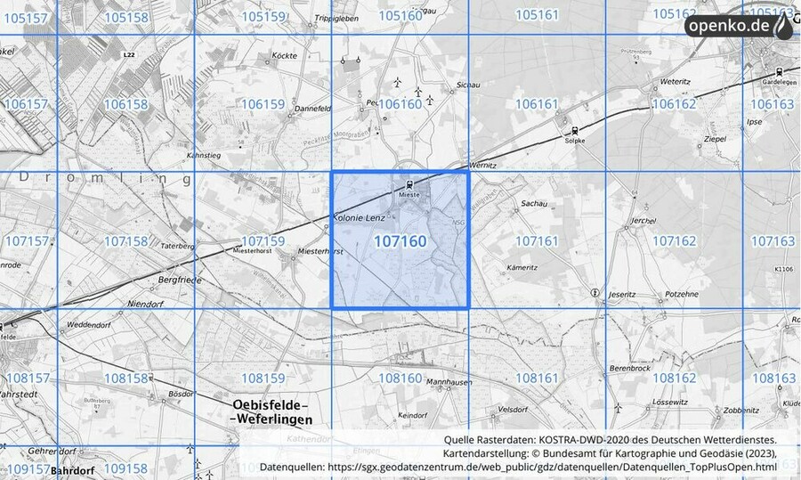 Übersichtskarte des KOSTRA-DWD-2020-Rasterfeldes Nr. 107160