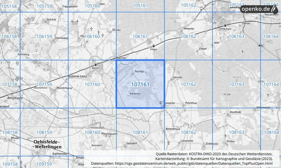 Übersichtskarte des KOSTRA-DWD-2020-Rasterfeldes Nr. 107161