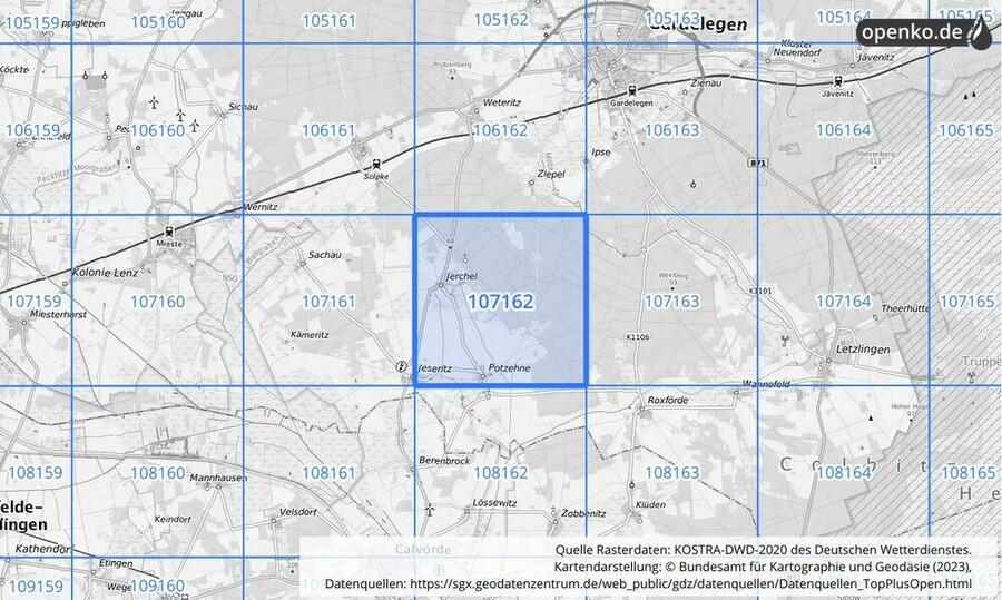 Übersichtskarte des KOSTRA-DWD-2020-Rasterfeldes Nr. 107162