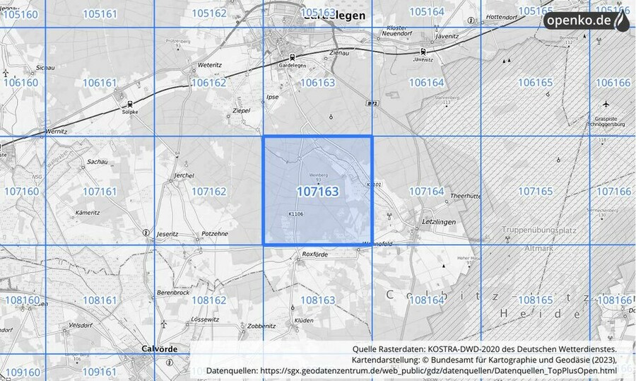 Übersichtskarte des KOSTRA-DWD-2020-Rasterfeldes Nr. 107163