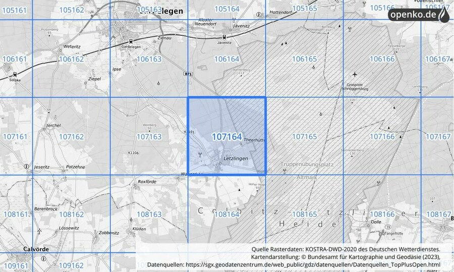 Übersichtskarte des KOSTRA-DWD-2020-Rasterfeldes Nr. 107164