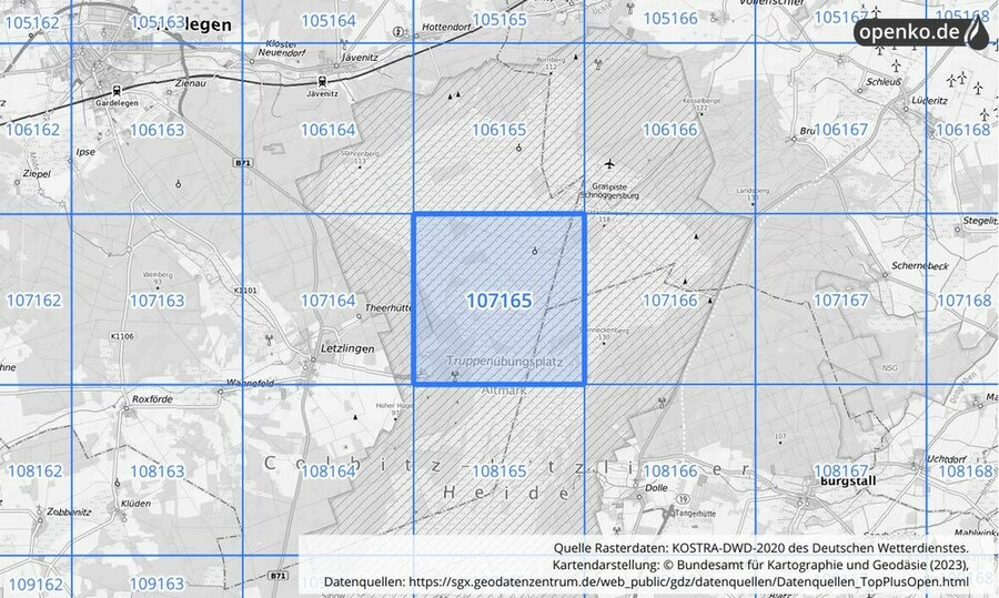 Übersichtskarte des KOSTRA-DWD-2020-Rasterfeldes Nr. 107165