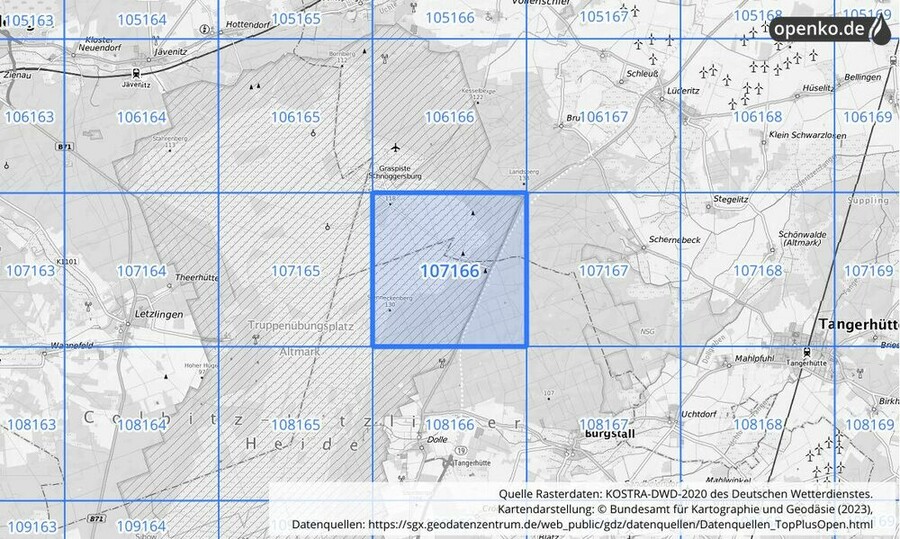 Übersichtskarte des KOSTRA-DWD-2020-Rasterfeldes Nr. 107166