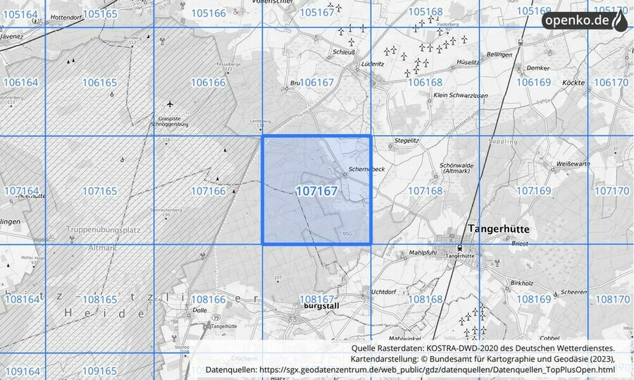 Übersichtskarte des KOSTRA-DWD-2020-Rasterfeldes Nr. 107167