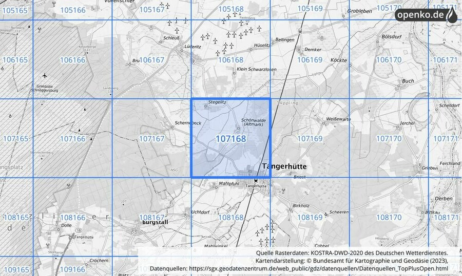 Übersichtskarte des KOSTRA-DWD-2020-Rasterfeldes Nr. 107168