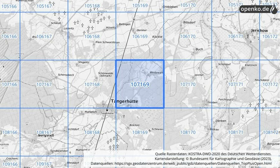 Übersichtskarte des KOSTRA-DWD-2020-Rasterfeldes Nr. 107169